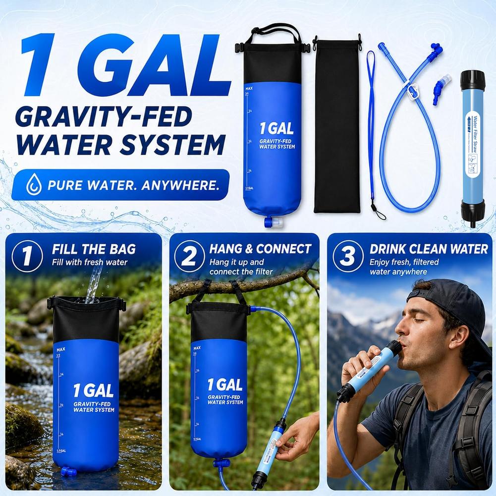 Bivy Bag Emergency - 1 Gal Schwerkraft-Wasserfilterbeutel-Strohhalm-Set, Camping- und Wander-Filtrationssystem,